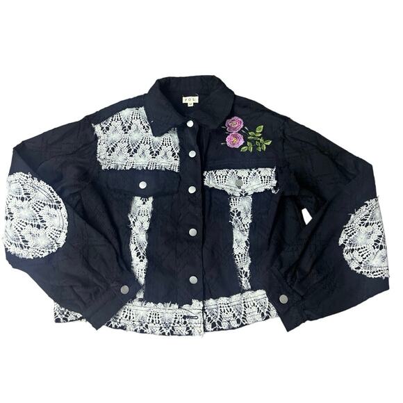 POL Boho Lace Patchwork Embroidered Jacket Black Button Front Medium - Picture 1 of 8